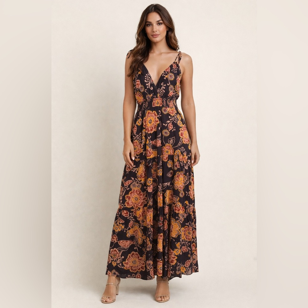 Floral Maxi Dress in Black and Orange